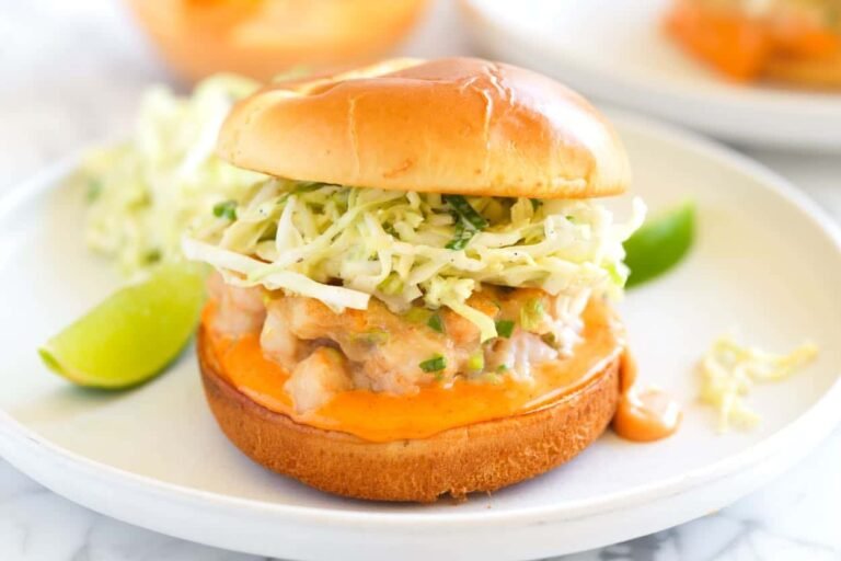 Shrimp burger with lime slaw