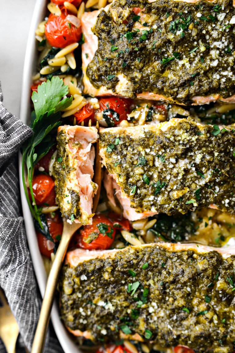 Pesto salmon with blistered tomato orzo